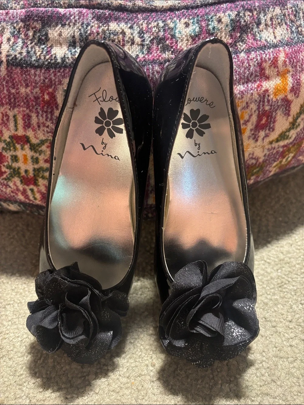 Flowers by Nina Girls Black Floral Applique Ballet Flats, Size 13